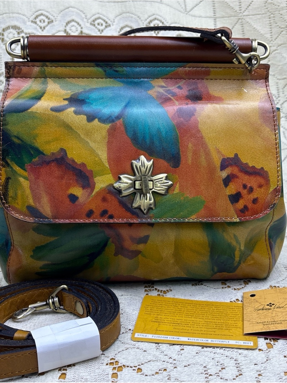 Patricia Nash Watercolor Butterfly Satchel - Brown, Teal, Yellow, Orange